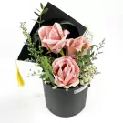 Graduation hat box with money roses, white mums, and greenery.