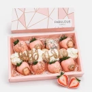 Pink box with 10 chocolate-covered strawberries, glittery "Happy Day" topper, and floral accents.