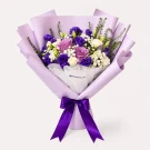 3 Purple Roses, 4 Purple Lisianthus, White Carnations, Purple & White Statice, Gypso, Limonium Purple, and Green Bell