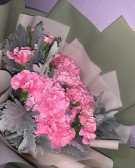 Pink carnations and dusty miller flowers in a bouquet wrapped in green paper.