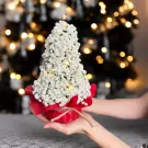 White gypsophila Christmas tree with star topper in red wrap, held by hands, bokeh lights background.