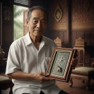 Elderly man holding a framed clock with Roman numerals and an elephant.