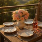 A bouquet of peach and pink roses with blue accents on a wooden table with place settings and a bottle of rosé.