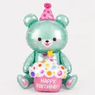 Mint green bear balloon wearing a pink party hat, holding a cupcake with "Happy Birthday" text.
