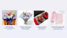 Gift hampers, flowers, cakes, and custom branded gifts arranged in four distinct sections.