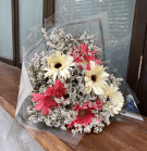 A bouquet of pink and cream Gerberas with white baby's breath, wrapped in clear plastic.