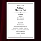Menu list for Artisan Cheese Set, featuring Gouda, Brie, Red Cheddar cheeses, Ritz Crackers, and Beerenberg Honey & Jam.