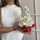 Woman holding a white gypsophila Christmas tree with fairy lights and a star topper.
