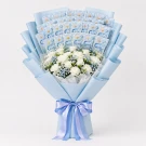 Blue bouquet of money bills and white flowers with a blue ribbon.
