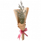 A small bouquet of dried caspia flowers wrapped in brown paper and tied with a pink ribbon.
