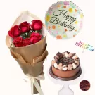 Birthday combo: red roses, chocolate cake, and a "Happy Birthday" balloon.