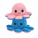 Reversible plush octopus toy, pink happy side up, blue grumpy side down.