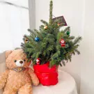 A fluffy teddy bear sits next to a small, decorated Christmas tree in a red pot.