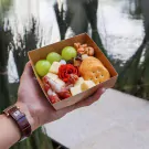 Charcuterie box with grapes, cheese, ham, crackers, nuts, and dried berries held by a person wearing a watch.