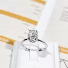 Elite oval-cut moissanite diamond ring on a white stand.