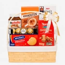 Chocolate gift basket with Nutella, Van Houten drink, McVitie's biscuits, Ferrero Rocher, and hazelnut wafers.