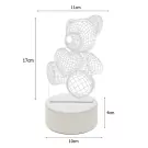 Wireframe teddy bear lamp with hearts, white base. Dimensions shown: 17cm height, 11cm width, 4cm base height, 10cm base width.