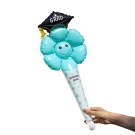 Light blue flower balloon with a graduation cap and "CONGRATS GRAD" text, held by a hand.