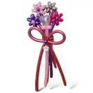 Balloon bouquet with pink, purple, and silver flowers, a heart balloon, and a red bow on a white background.