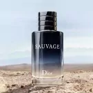 Dior Sauvage Eau de Parfum bottle on a desert landscape.