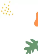 Abstract background with yellow dots, orange blob, and green leaf shapes.