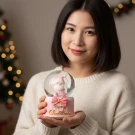Woman holding a pink Santa snow globe with "Merry Christmas" in gold lettering.