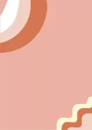 Pink card with abstract wavy bands in tan, cream, and coral on the top left and bottom right.