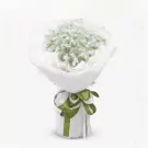 Money bouquet with green ribbon, wrapped in white paper, featuring folded banknotes.