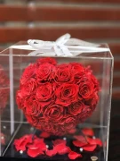 A glass dome encases a heart-shaped arrangement of preserved red roses, tied with a white ribbon.
