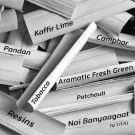 Swarms of lemongrass stalks with labels like "Tobacco", "Pandan", "Kaffir Lime", "Camphor", "Aromatic Fresh Green", "Patchouli", "Resins", and "Nai Banyaagaat".