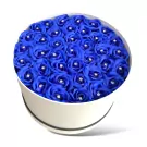 Round white box overflowing with 40 blue artificial roses, each with a diamond accent.