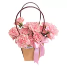 Pink carnations in a brown paper bag with a pink ribbon bow and dark brown handles.