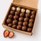 Box of 25 chocolate-covered strawberries, some with white chocolate drizzle and accents.