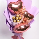 Rose gold heart balloons and Ferrero Rocher chocolates in a lavender bouquet wrap.