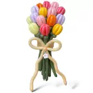 Balloon bouquet of 15 colorful tulips in yellow, pink, orange, green, and purple with a beige ribbon bow.