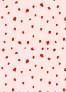 A pattern of scattered red strawberries with green stems on a light pink background.