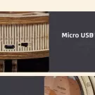 Wooden globe kit with Micro USB port, illuminated and rotating features shown.