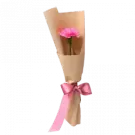 Pink carnation bouquet wrapped in brown paper with a pink ribbon.
