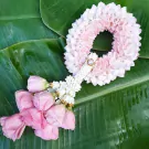 Garland of pink and white flowers with pearl accent on banana leaves.