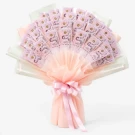 Bouquet of 500 Thai Baht banknotes arranged with pink and white paper, tied with a pink bow.