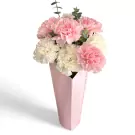 Pink and white carnations in a pink vase, symbolizing love and admiration.
