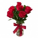 Vase with 6 red roses tied with a red ribbon.