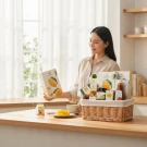 Woman holding a Doi Kham hamper box, surrounded by mango products and fruit.