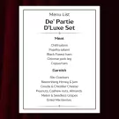 Menu list for "De' Partie D'Luxe Set" featuring meats and garnishes like salami, ham, Ritz crackers, and cheese.