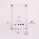 Back of digital photo frame showing power, volume, play/pause, and type-c ports.