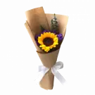 Sunflower and purple statice bouquet in brown paper with a white ribbon.
