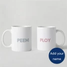 Two white mugs with cartoon bears. One bear wears a pink bow, the other a blue bow.