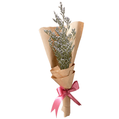 A small bouquet of dried caspia flowers wrapped in brown paper and tied with a pink ribbon.