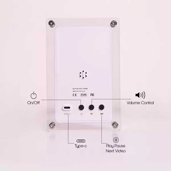 Back of digital photo frame showing power, volume, play/pause, and type-c ports.