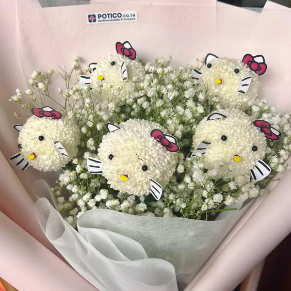 Hello Kitty flower bouquet with five white chrysanthemum Hello Kitty faces, adorned with pink bows, nestled in baby's breath.